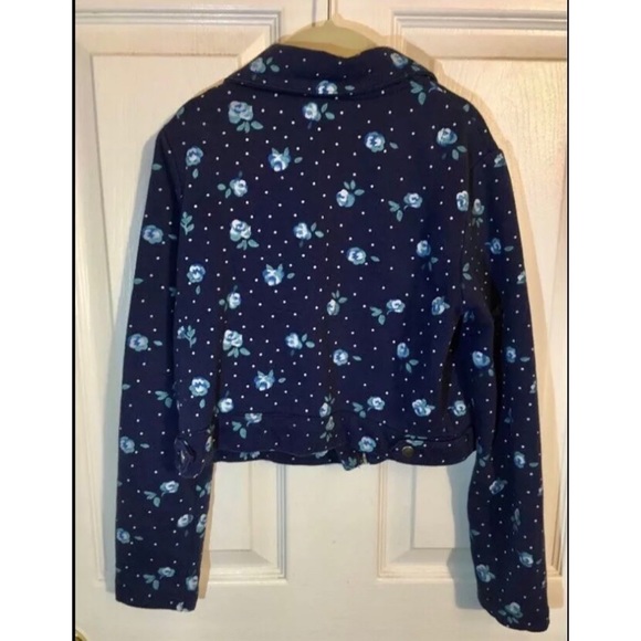 Blue Floral Polka Dot Moto Asymmetrical Zip Blazer Jacket Top-Girls Size 8 - Picture 3 of 4